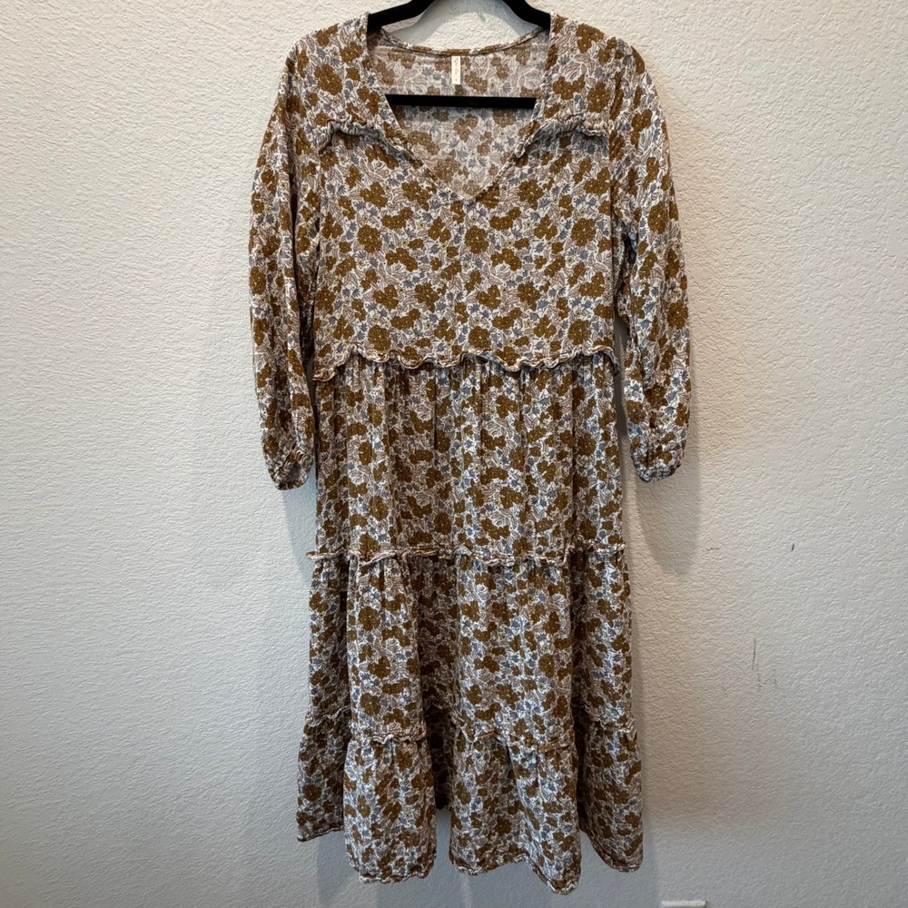 Rylee + Cru Women Brown Floral Tiered Cotton Midi Dress Long Sleeve Small
